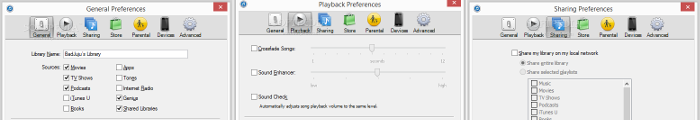 Showing the iTunes general, playback and sharing settings